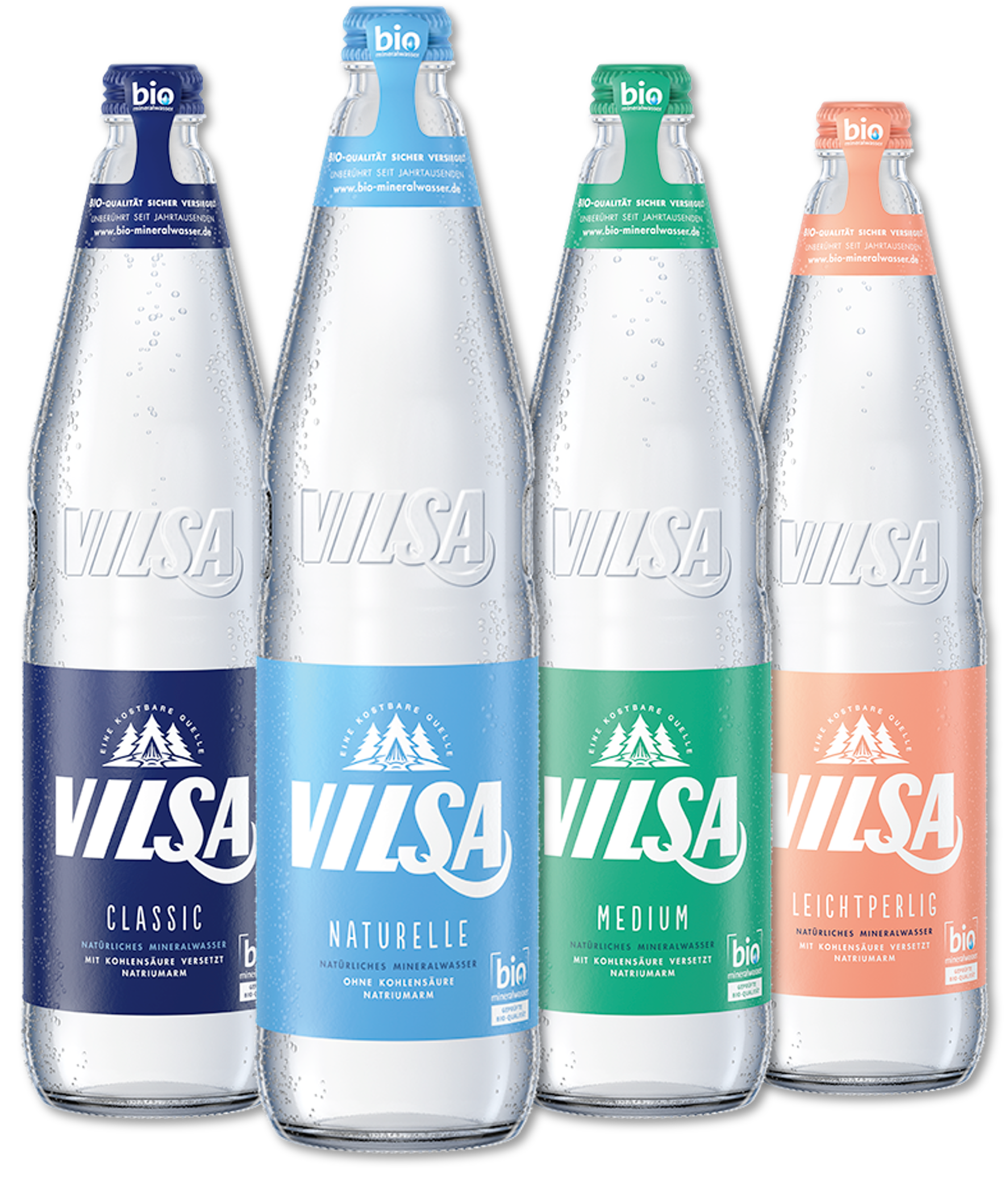 VILSA Mineralwasser-Glasflaschen in den Sorten Classic, Naturelle, Medium und Leichtperlig vor schwarzem Hintergrund.