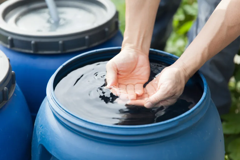 Das Bild zeigt zwei Hände, die Wasser aus einem großen blauen Fass schöpfen. Die Hände formen eine Schale, um etwas Wasser aufzufangen. Im Hintergrund sind weitere blaue Fässer zu sehen sowie etwas Grün, das auf eine Outdoor-Umgebung hindeutet. Das Bild vermittelt den Eindruck von Wassersammlung, Wasserressourcen oder nachhaltigem Umgang mit Wasser.
