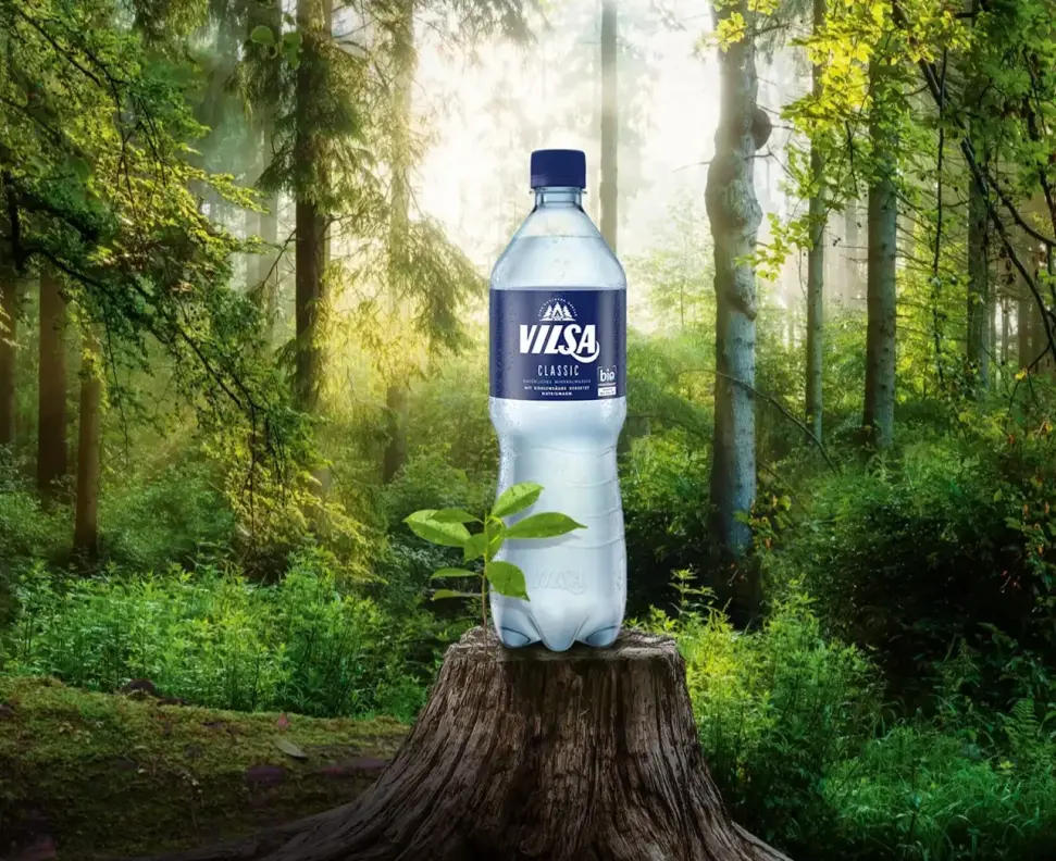 Eine Wasserflasche der Marke VILSA steht auf einem Baumstumpf in einem sonnendurchfluteten, grünen Wald. Neben der Flasche wächst eine kleine Pflanze.