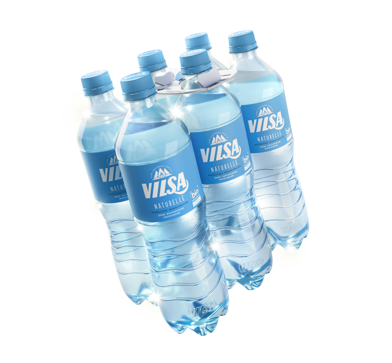 VILSA NIX-PACK Bio-Mineralwasser naturelle: Sechs Flaschen ohne Schrumpffolie, stattdessen verbunden durch nahezu unsichtbare, nachhaltige Klebepunkte. Oben ein recyclebarer Papptragegriff in Weiß. Sonst keine weitere Verpackung.