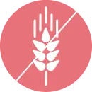 Weißes Ähren-Symbol mit diagonaler Linie auf pinkem Kreis – steht für glutenfreie Produkte.