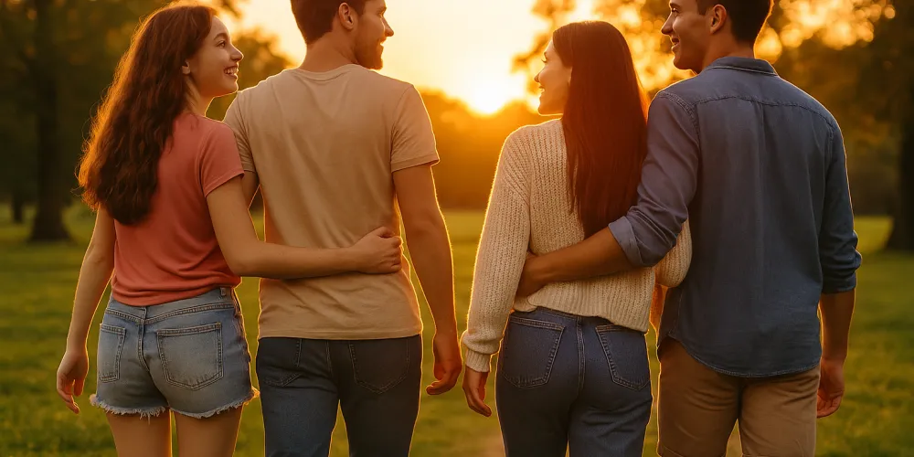 Vier junge Freunde spazieren bei Sonnenuntergang durch einen Park. Arm in Arm genießen sie die warme Abendstimmung, während die Sonne golden durch die Bäume scheint. Die Gruppe ist von hinten zu sehen, umgeben von saftigem Grün und sanftem Licht.