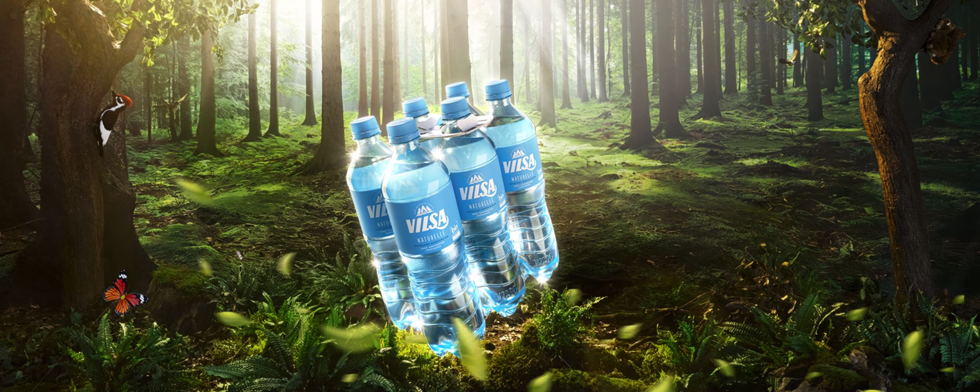 Ein NIX-PACK VILSA Naturelle Mineralwasser steht auf einer blühenden Wiese mit gelben Löwenzahnblüten. Die Flaschen sind mit einem nachhaltigen Pappträger verbunden. Im Hintergrund unscharf: grüne Bäume und ein strahlend blauer Himmel. Die Szene symbolisiert Naturverbundenheit und Umweltbewusstsein.