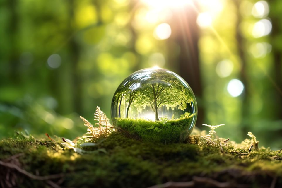Eine gläserne Kugel liegt auf moosbedecktem Waldboden und spiegelt eine sonnendurchflutete Waldszene mit Bäumen und Lichtstrahlen wider. Im Hintergrund ist ein unscharfer, grüner Wald zu sehen, durch den warmes Sonnenlicht fällt. Die Szene vermittelt ein Gefühl von Natur, Ruhe und Nachhaltigkeit.