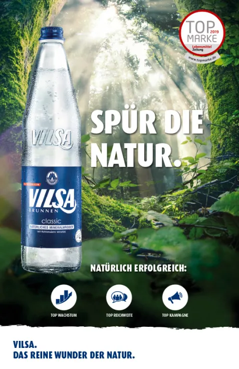Spür die Natur: VILSA Mineralwasser classic Glas mit dem Top Marken 2019 Logo der Lebensmittel Zeitung