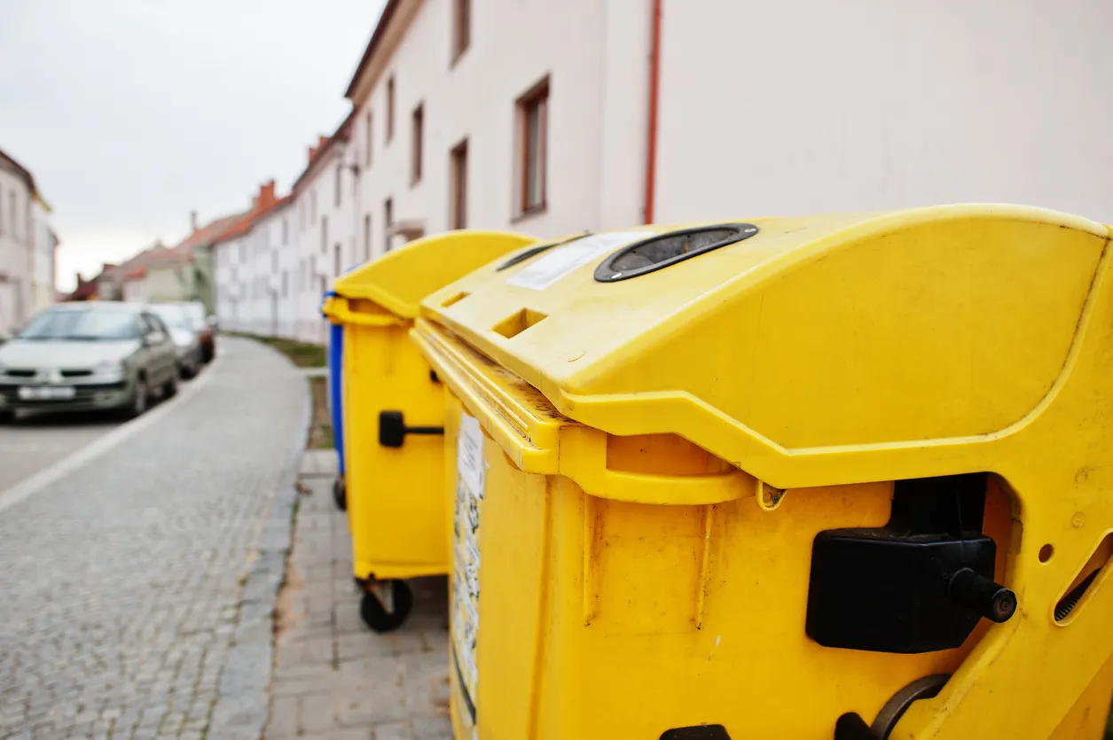 Mehrere gelbe Mülltonnen stehen am Straßenrand in einem Wohngebiet.