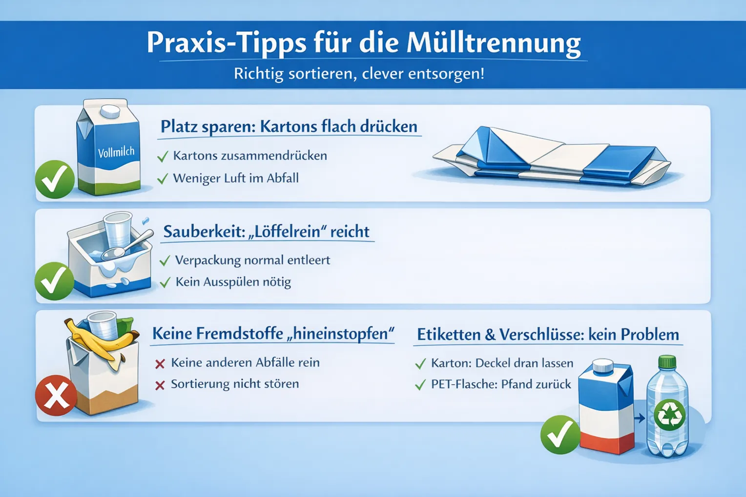 Infografik mit Tipps zur richtigen Mülltrennung von Getränkekartons und PET-Flaschen: Die Grafik fasst Sortierhinweise zusammen. Getränkekartons sollen flach gedrückt werden, normal entleert sein und keine Fremdstoffe enthalten. Etiketten und Verschlüsse werden als unproblematisch dargestellt. Für PET-Flaschen wird die Rückgabe über den Pfandautomaten gezeigt. Die Infografik arbeitet mit Häkchen, Symbolen und Beispielverpackungen.