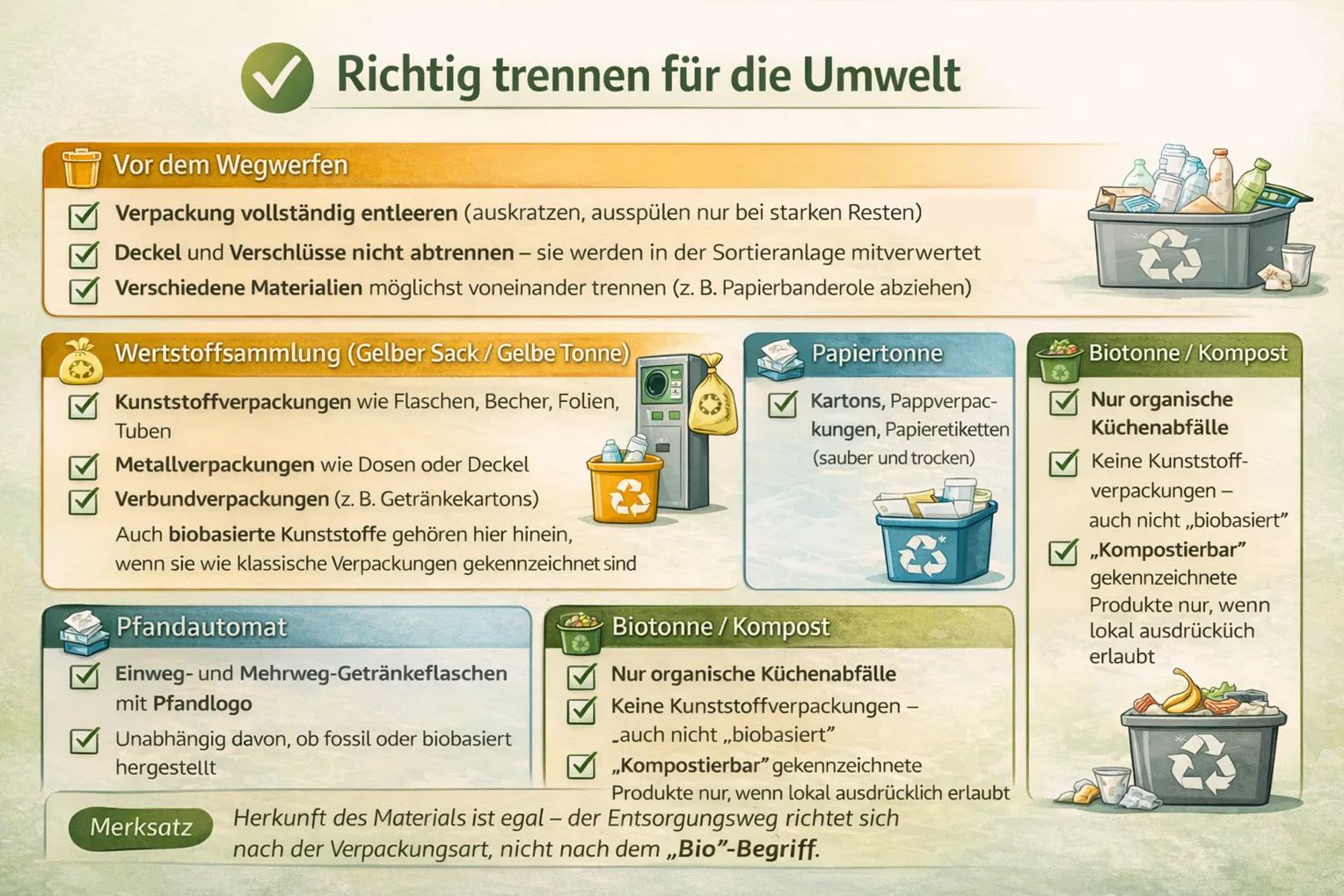 Infografik zur richtigen Mülltrennung von Verpackungen: Die Grafik ordnet verschiedene Verpackungen den passenden Entsorgungswegen zu, darunter Wertstoffsammlung, Papier, Pfandautomat und Biotonne. Sie betont, dass die Entsorgung sich nach der Verpackungsart richtet und nicht danach, ob ein Material biobasiert ist.