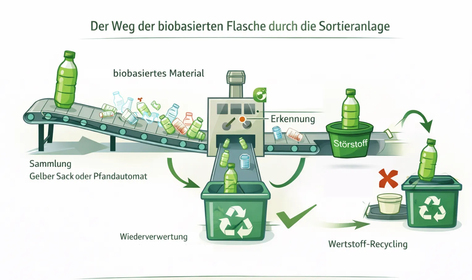 Schaubild zur Sortierung und Wiederverwertung biobasierter Flaschen: Die Grafik zeigt den Weg einer biobasierten Flasche durch Sammlung, Erkennung in der Sortieranlage und anschließende Wiederverwertung im Wertstoff-Recycling. Zusätzlich ist dargestellt, dass Störstoffe ausgesondert werden.
