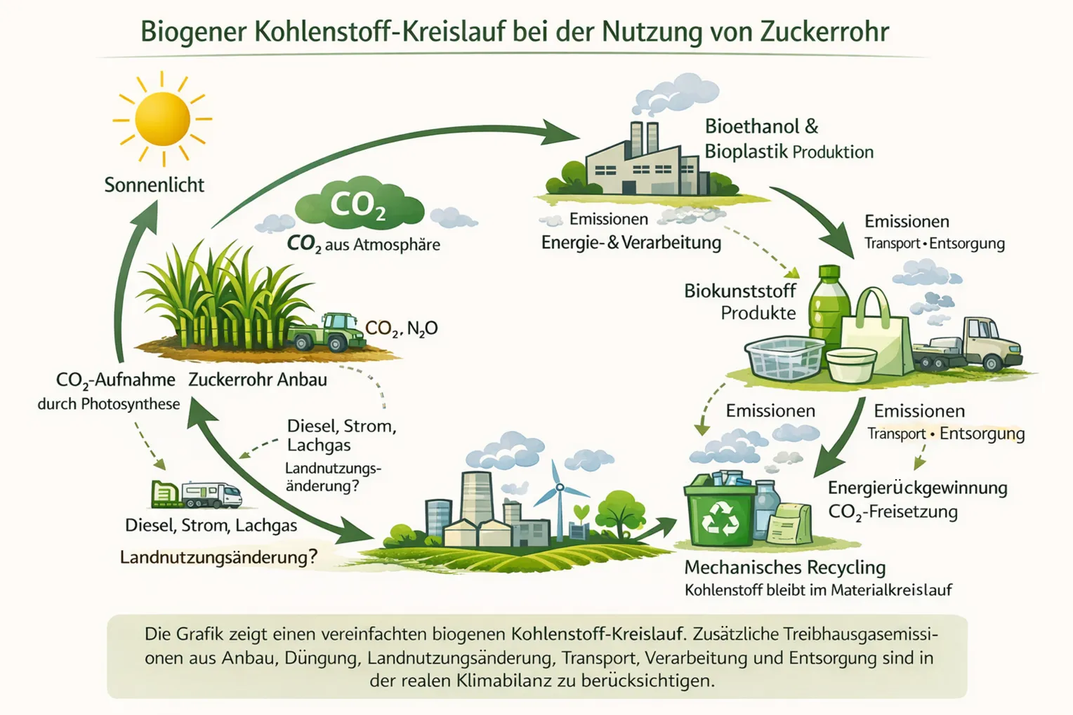 Infografik zum biogenen Kohlenstoffkreislauf bei der Nutzung von Zuckerrohr für Biokunststoffe: Die Grafik zeigt einen Kreislauf von Zuckerrohranbau über Verarbeitung zu Bioethanol und Bioplastik, Nutzung in Kunststoffprodukten, Transport, Entsorgung und Recycling. Dargestellt sind CO₂-Aufnahme durch Pflanzen, Emissionen bei Verarbeitung und Transport sowie mechanisches Recycling, bei dem Kohlenstoff im Materialkreislauf bleibt.