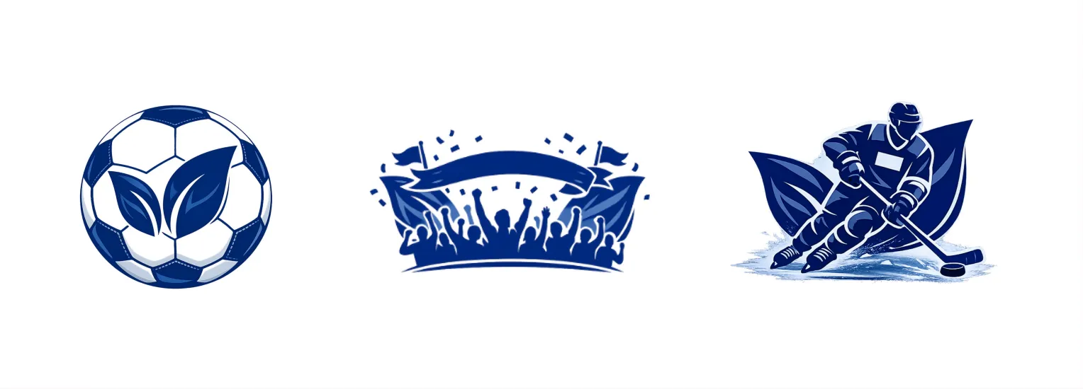 Drei blau-weiße Sponsoring-Icons auf hellem Hintergrund: links ein Fußball mit Blättermotiv, in der Mitte jubelnde Fans mit Banner und Konfetti, rechts ein Eishockeyspieler vor einem Blattmotiv.