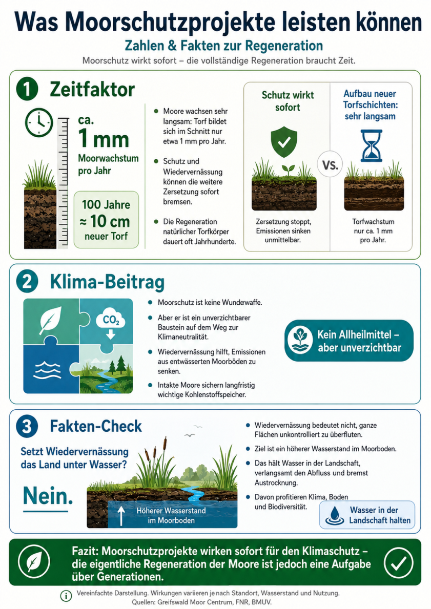 Infografik zu Moorschutz und Moorregeneration. Sie erklärt, dass Moore sehr langsam wachsen, etwa 1 Millimeter pro Jahr, und dass 100 Jahre nur ungefähr 10 Zentimeter neuen Torf ergeben. Moorschutz und Wiedervernässung können die weitere Zersetzung sofort bremsen und Emissionen senken, während der Aufbau neuer Torfschichten Jahrhunderte dauert. Die Grafik stellt klar, dass Wiedervernässung Flächen nicht unkontrolliert überflutet, sondern den Wasserstand im Moorboden erhöht, Wasser in der Landschaft hält und Klima, Boden sowie Biodiversität schützt. Fazit: Moorschutz wirkt sofort für den Klimaschutz, die vollständige Regeneration braucht jedoch Generationen.
