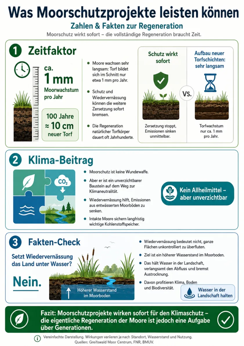 Infografik zu Moorschutz und Moorregeneration. Sie erklärt, dass Moore sehr langsam wachsen, etwa 1 Millimeter pro Jahr, und dass 100 Jahre nur ungefähr 10 Zentimeter neuen Torf ergeben. Moorschutz und Wiedervernässung können die weitere Zersetzung sofort bremsen und Emissionen senken, während der Aufbau neuer Torfschichten Jahrhunderte dauert. Die Grafik stellt klar, dass Wiedervernässung Flächen nicht unkontrolliert überflutet, sondern den Wasserstand im Moorboden erhöht, Wasser in der Landschaft hält und Klima, Boden sowie Biodiversität schützt. Fazit: Moorschutz wirkt sofort für den Klimaschutz, die vollständige Regeneration braucht jedoch Generationen.