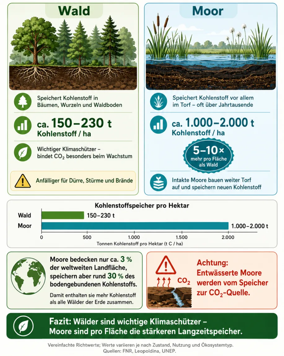 Infografik zum Vergleich der Kohlenstoffspeicherung von Wald und Moor pro Hektar. Wälder speichern Kohlenstoff in Bäumen, Wurzeln und Waldboden, etwa 150 bis 230 Tonnen Kohlenstoff pro Hektar. Moore speichern Kohlenstoff vor allem im Torf, oft über Jahrtausende, und erreichen etwa 1.000 bis 2.000 Tonnen Kohlenstoff pro Hektar. Die Grafik zeigt Moore als fünf- bis zehnmal stärkere Kohlenstoffspeicher pro Fläche als Wälder. Zusätzlich wird erklärt, dass Moore nur rund 3 Prozent der weltweiten Landfläche bedecken, aber etwa 30 Prozent des bodengebundenen Kohlenstoffs speichern. Warnhinweis: Entwässerte Moore können vom CO₂-Speicher zur CO₂-Quelle werden.