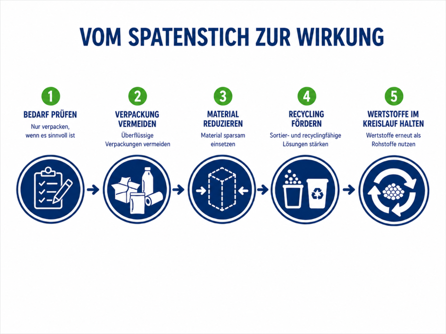 Vom Spatenstich zur Wirkung: Bedarf prüfen, Verpackung vermeiden, Material reduzieren, Recycling fördern, Wertstoffe im Kreislauf halten.