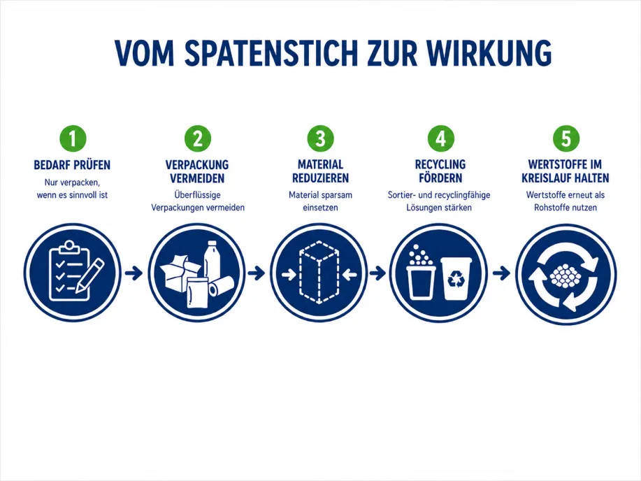 Vom Spatenstich zur Wirkung: Bedarf prüfen, Verpackung vermeiden, Material reduzieren, Recycling fördern, Wertstoffe im Kreislauf halten.
