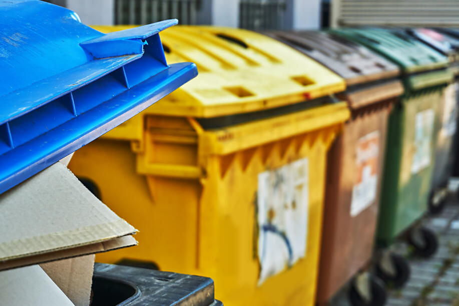 Blaue, gelbe, braune, grüne und schwarze Abfalltonne nebeneinander aufgereiht.