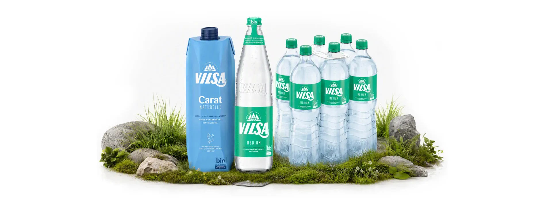 Vilsa Carat Naturelle im Tetra Pack, Vilsa Mineralwasser Medium in der Glasflasche und im Sixpack