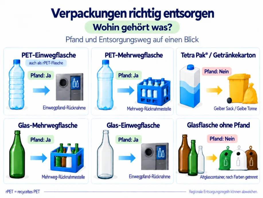Infografik zeigt die Pfand- und Entsorgungswege für verschiedene Getränkeverpackungen: PET-Einwegflaschen und Glas-Einwegflaschen zur Einwegpfand-Rücknahme, PET- und Glas-Mehrwegflaschen zur Mehrweg-Rücknahmestelle, Getränkekartons in Gelben Sack oder Gelbe Tonne sowie pfandfreie Glasflaschen nach Farben getrennt in Altglascontainer.