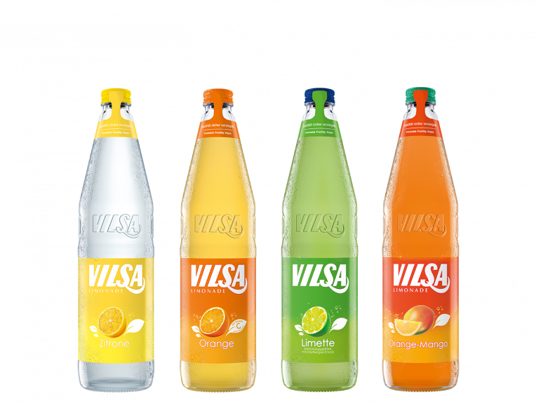 VILSA Limonade Zitrone Glas, VILSA Limonade Orange Glas, VILSA Limonade Limette Glas, VILSA Limonade Orange-Mango Glas