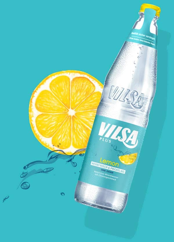 VILSA Mineralwasser Lemon Glas Flasche mit Zitronenscheibe
